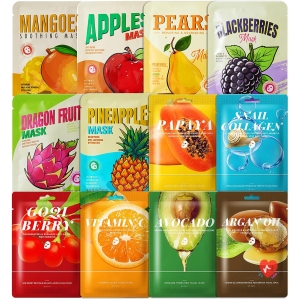 12 Sheet Masks, Korean Face Care with Natural Ingredients, Daily Care Beauty Mask, Hydration and Nourishing for All Skin Types, 25ML