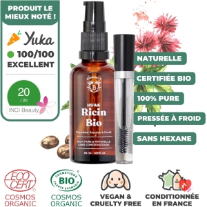 Bionoble Huile de Ricin Bio 50ml - 100% Pure, Naturelle et Pressée à Froid - Cils, Sourcils, Corps, Cheveux, Barbe, Ongles - Vegan Castor Oil - Bouteille en Verre + Pipette + Pompe + Kit Mascara