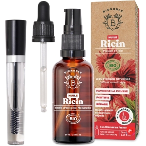Bionoble Huile de Ricin Bio 50ml - 100% Pure, Naturelle et Pressée à Froid - Cils, Sourcils, Corps, Cheveux, Barbe, Ongles - Vegan Castor Oil - Bouteille en Verre + Pipette + Pompe + Kit Mascara