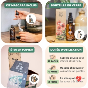 Bionoble Huile de Ricin Bio 50ml - 100% Pure, Naturelle et Pressée à Froid - Cils, Sourcils, Corps, Cheveux, Barbe, Ongles - Vegan Castor Oil - Bouteille en Verre + Pipette + Pompe + Kit Mascara