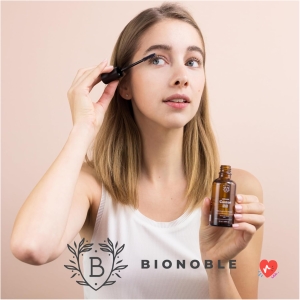 Bionoble Huile de Ricin Bio 50ml - 100% Pure, Naturelle et Pressée à Froid - Cils, Sourcils, Corps, Cheveux, Barbe, Ongles - Vegan Castor Oil - Bouteille en Verre + Pipette + Pompe + Kit Mascara