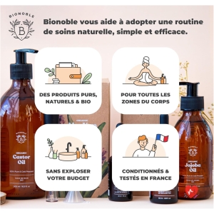 Bionoble Huile de Ricin Bio 50ml - 100% Pure, Naturelle et Pressée à Froid - Cils, Sourcils, Corps, Cheveux, Barbe, Ongles - Vegan Castor Oil - Bouteille en Verre + Pipette + Pompe + Kit Mascara