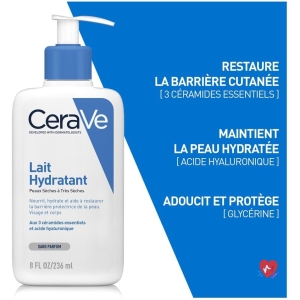 CeraVe - Lait Hydratant Corps et Visage - Peau Sèche à Très Sèche - 24H d’Hydratation en Continu - Acide Hyaluronique + 3 Céramides - Texture Légère, Non Collante - Sans Parfum, Non Comédogène