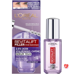 L'Oréal Paris - Eye Serum - Anti-Wrinkle, Anti-Puffiness & Concealer - With Pure Hyaluronic Acid and Caffeine - Innovative Triple-Ball Tip - Revitalift Filler - 20ml