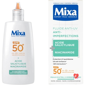 Mixa - Daily Anti-UV & Anti-Bleach Fluid - SPF 50+ - Very High Protection - Salicylic Acid and Niacinamides - Anti-pimples and Shine - Mattifying Effect - 40 ml