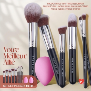 PORTENTUM Professional Makeup Brushes (10+2pcs) – Makeup Brush for Foundation Blush Concealer Eyeshadow Loose Powder with Blender Sponge
