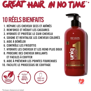 Revlon Professional UniqOne - Shampoing et Après shampoing 2en1 - Soin des Cheveux, Formule Vegan - Tous Types de Cheveux - Shampoing Hydratant - 490ml - Soin Cheveux Secs et Abimés